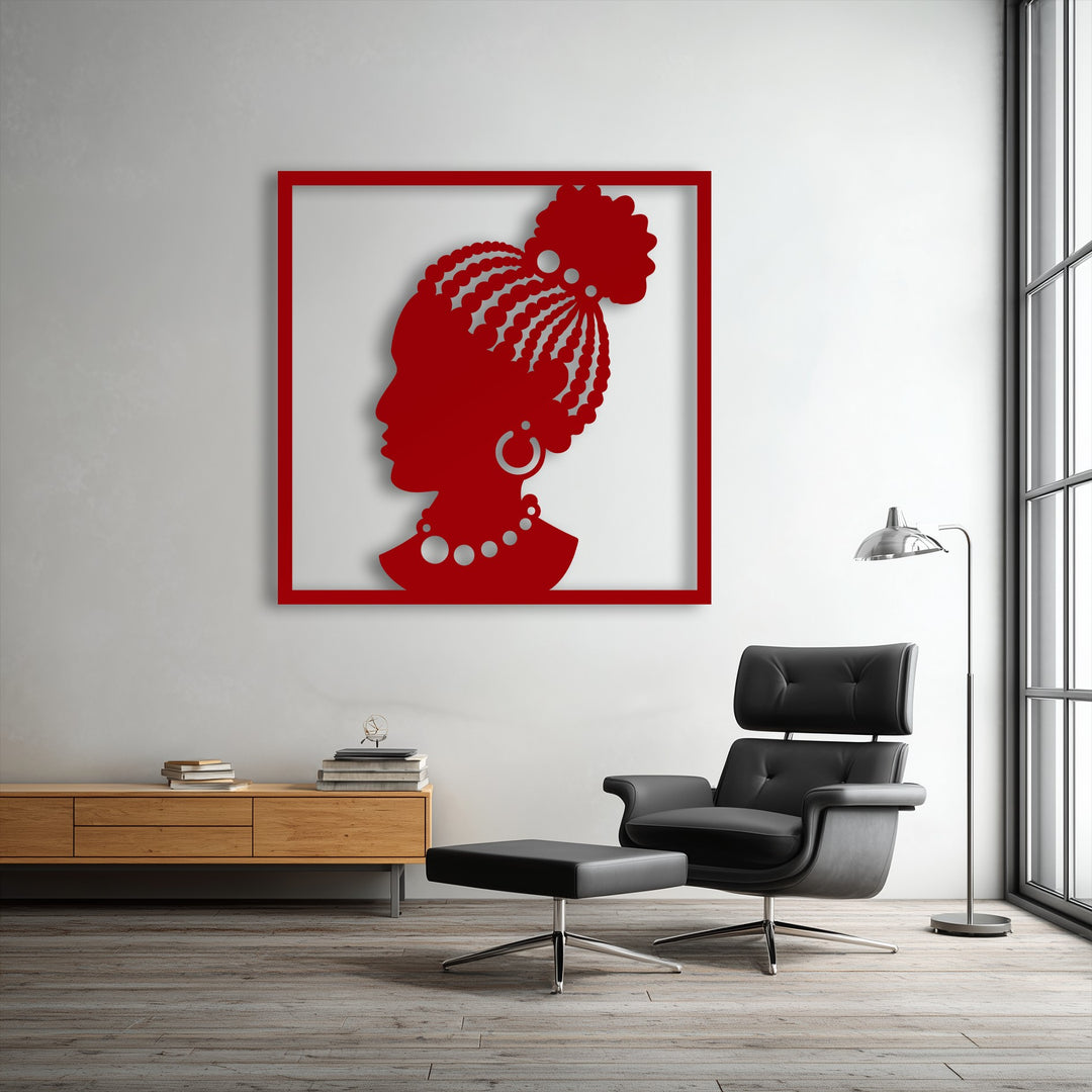 The geometric elements, including the striking red frame and circular jewelry, define this unique metal wall art African woman silhouette.