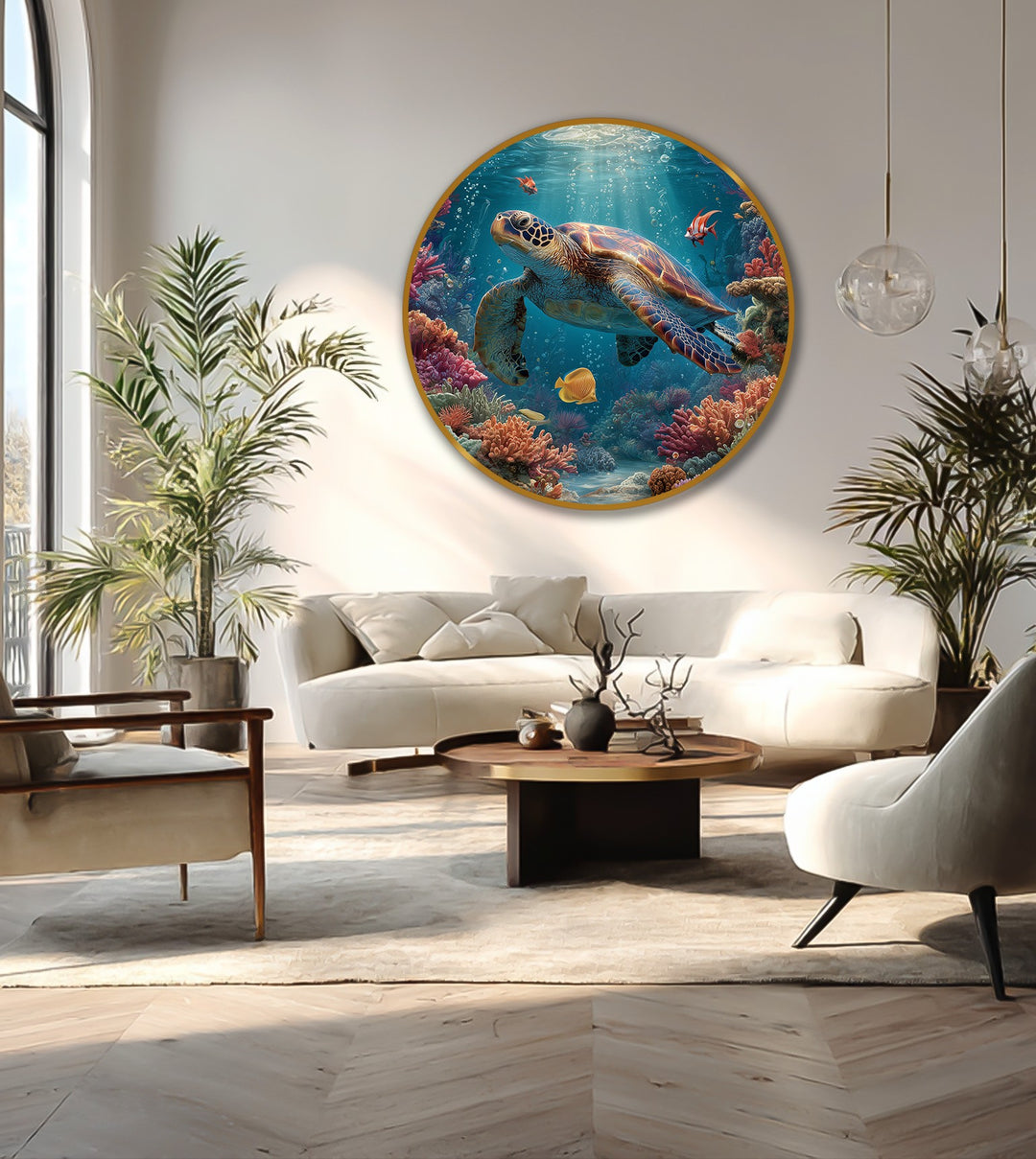 Evoking a sense of fluid motion, the round modern oil painting art captures a graceful sea turtle gliding among vividly colored coral reefs.