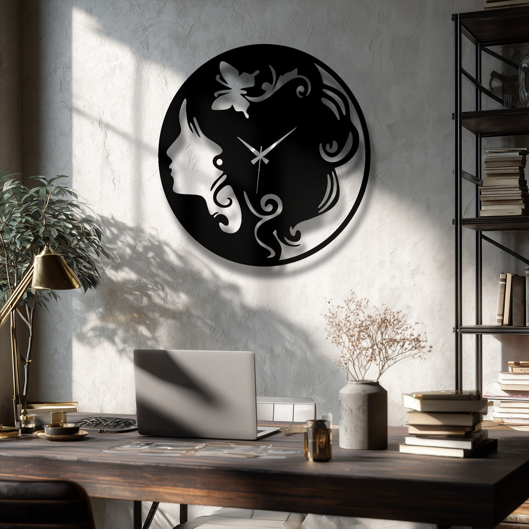 Expertly crafted decorative metal art, this elegant woman silhouette metal wall clock boasts a sturdy, intricate butterfly design.