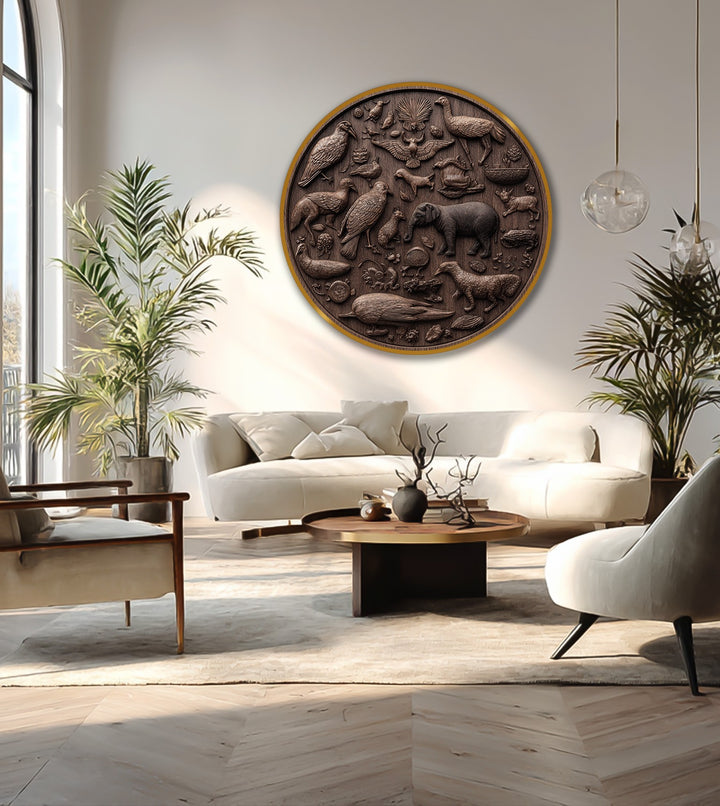 Showcasing the realistic detail of the wildlife relief round oil painting art piece, this wood canvas depicts meticulously carved animals in a rustic style.