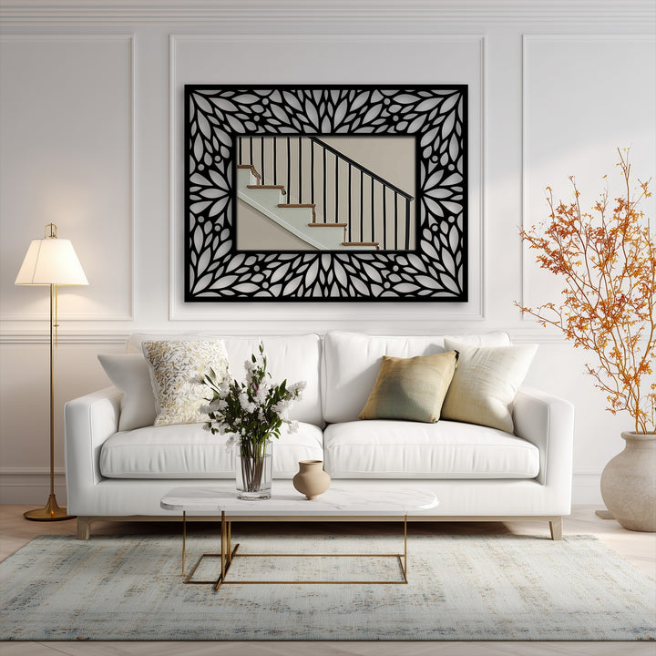 Horizontally oriented and rectangular in shape, this decorative metal art mirror features an intricate floral pattern frame, enhancing its elegant aesthetic.