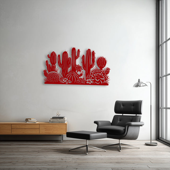 The light gray, textured wall provides a clean, minimalist background for the striking red desert cactus garden silhouette metal decoration wall art.