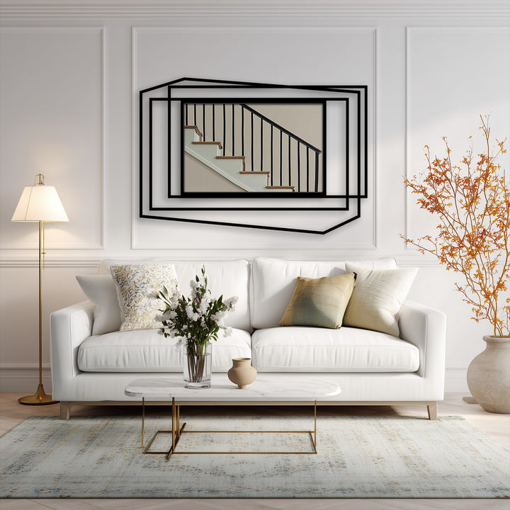 Showcasing the interplay of organic forms in this layered geometric floor mirror featuring a modern black metal art for wall design.