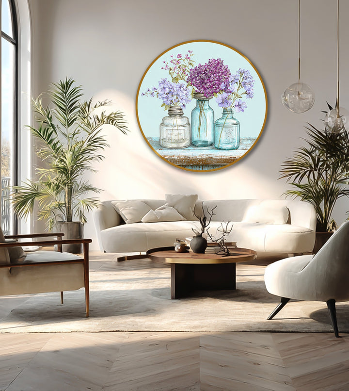 Vibrant pastel wildflowers in jars is the loudest element in this round oil painting, making a visually striking oil painting decoration for any space.