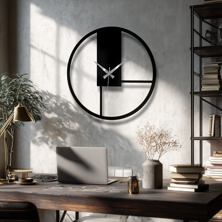 Dancing light and shadow emphasize the modern decoration wall art of this minimal geometric panel metal wall clock.