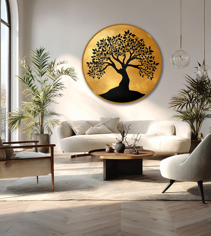 Illustrating the abstract quality, a golden silhouette on wood creates a serene oil painting home decor look with a round tree silhouette as a modern golden serenity piece.