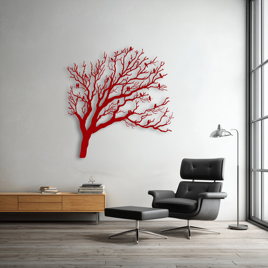 The intricate, gentle silhouettes of numerous birds on bare tree branches form stunning red metal artwork.