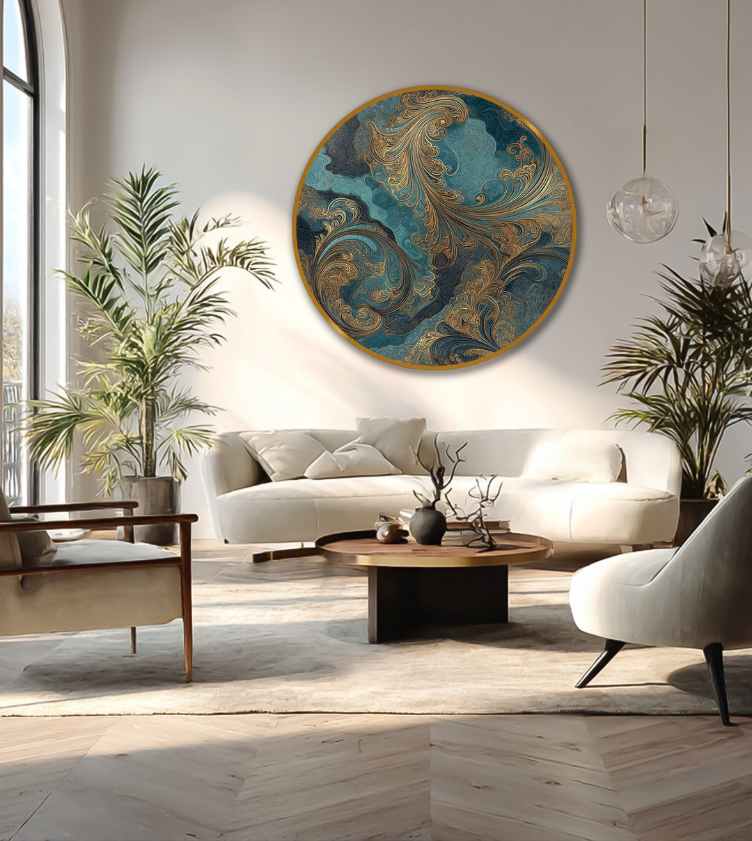 Negative space highlights the swirling details in this oil painting reproduction print, accentuating the teal and gold hues of the gilded ocean whispers.