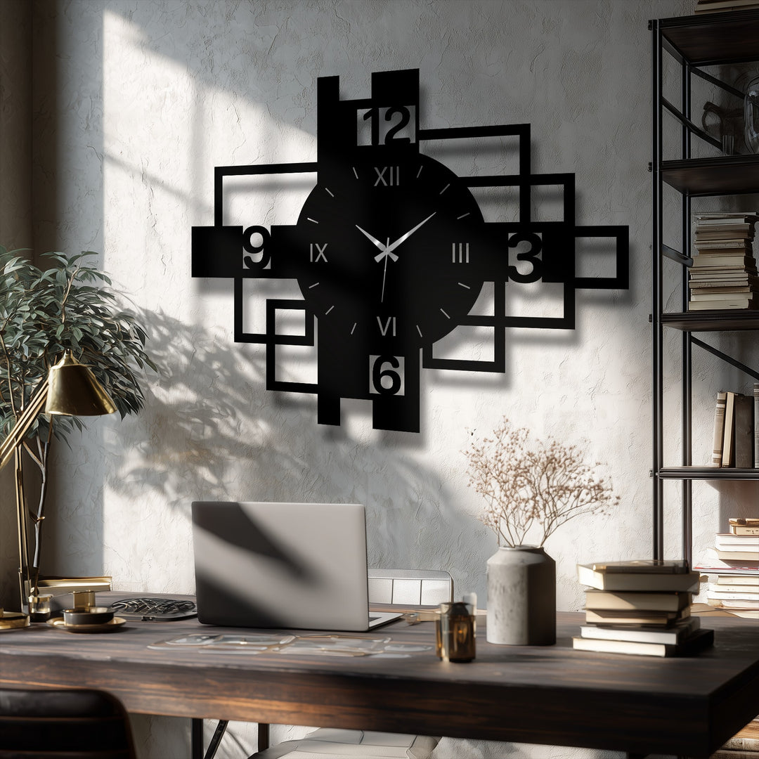 Contrasting the rigid geometry of the modern geometric metal wall clock with the nearby plant's organic forms highlights a balance of nature and metal art for wall.