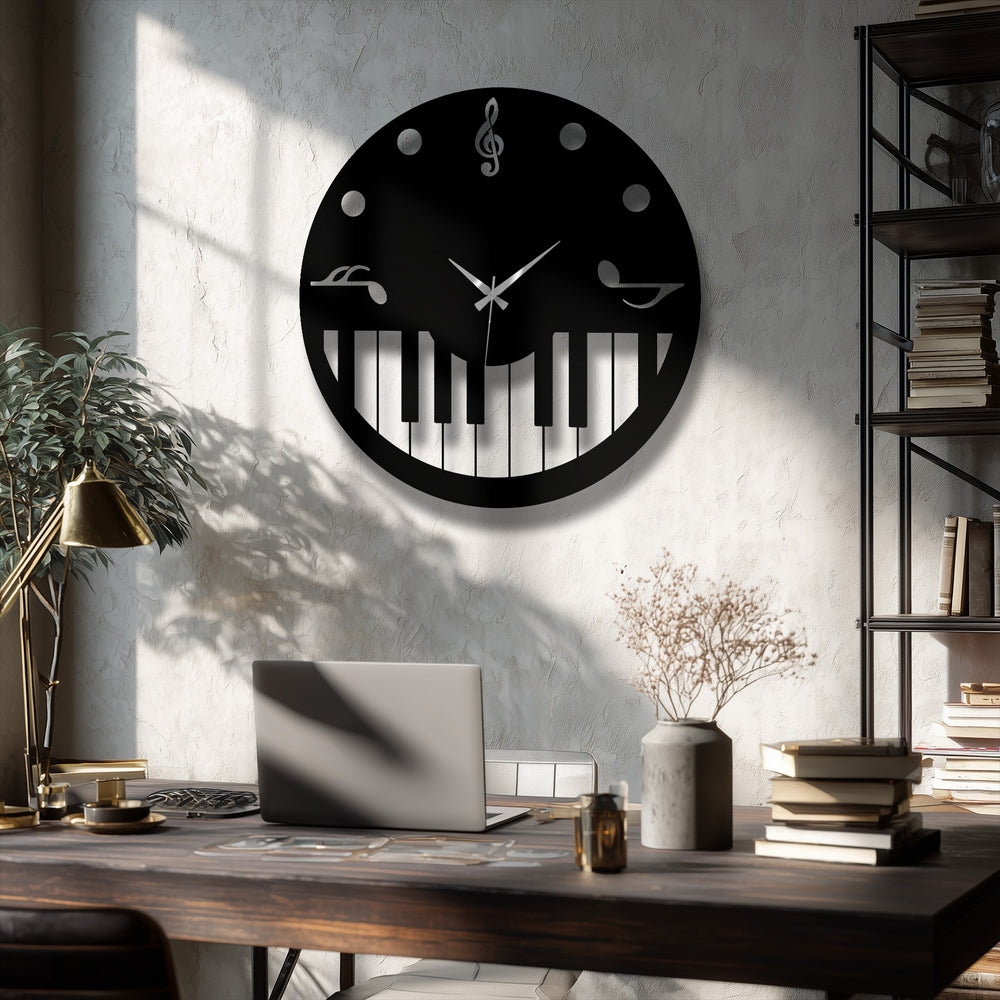 Warm light and deep shadows play across the wall, highlighting a striking Music Theme Metal Wall Clock, a perfect metal art for wall piece.