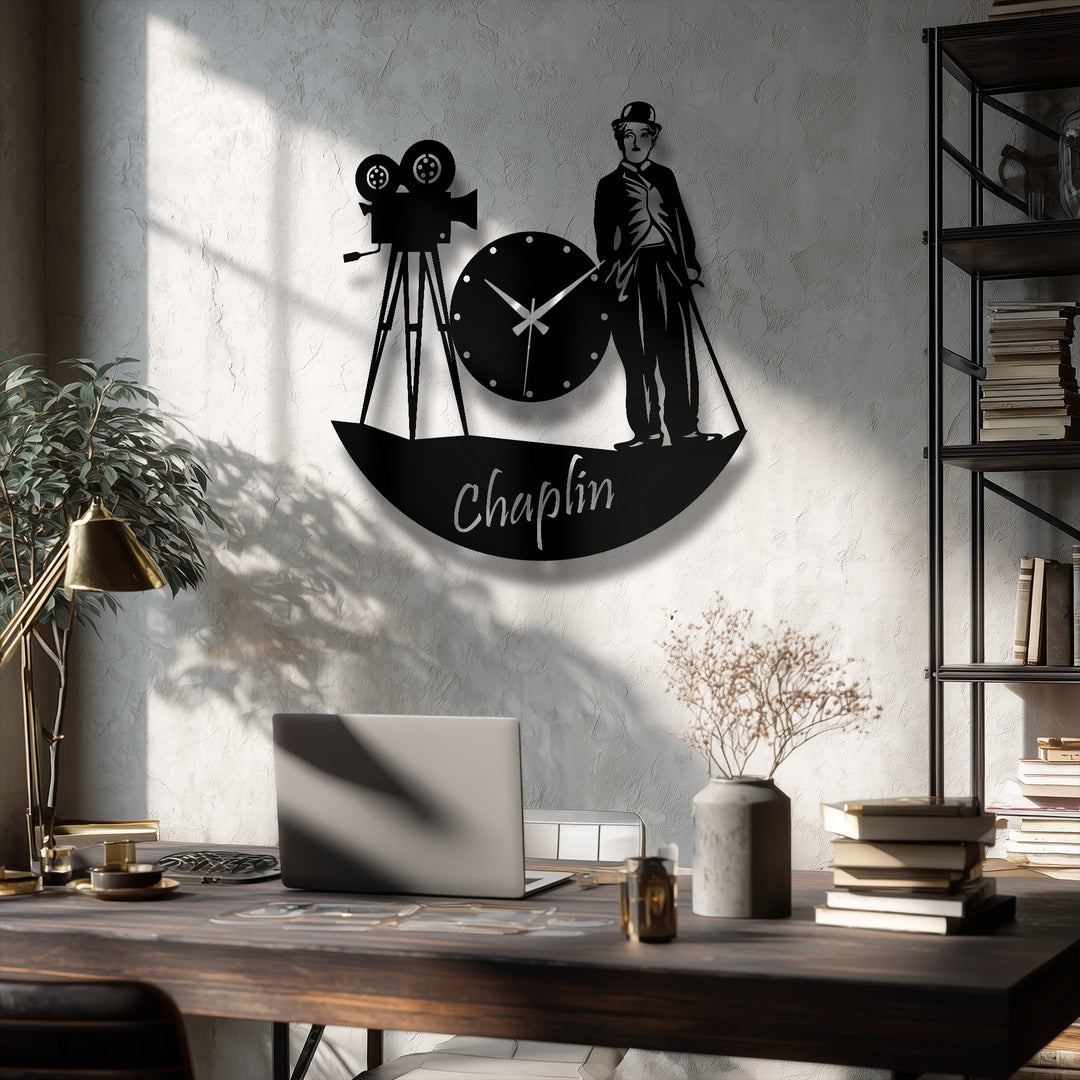 Cracked surface texture highlights the silent film style design of this vintage cinema character metal art for wall clock, enhancing its retro appeal.