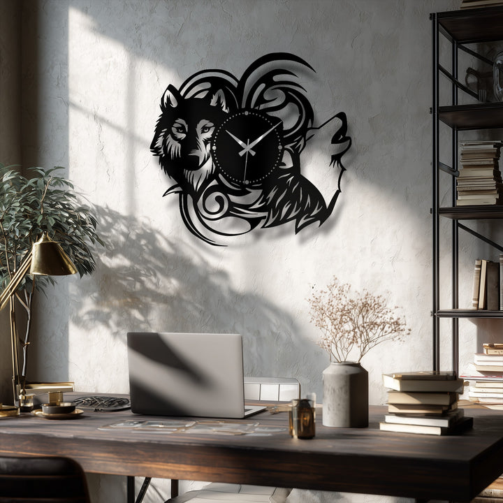 Repeated wolf silhouettes and swirling tribal designs create a captivating visual rhythm in this decorative metal art wall clock.