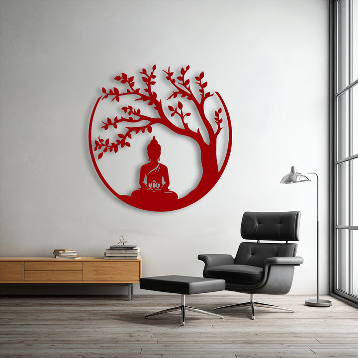 Displaying decorative metal art, the circular Zen Buddha tree sculpture artfully incorporates organic branches and leaves within its simple, natural form.