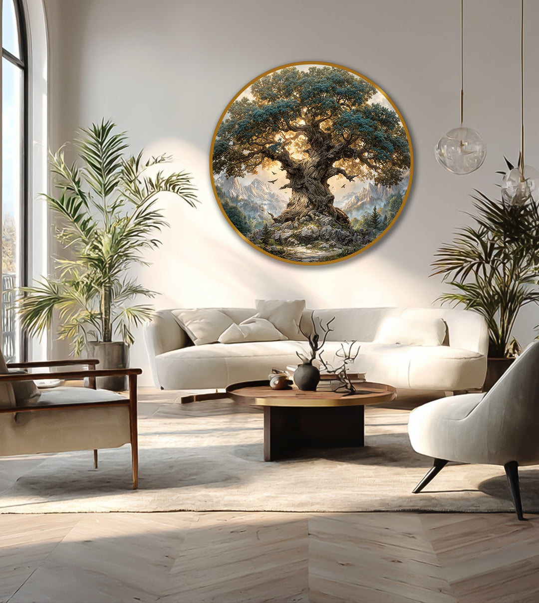 Illuminated by warm sunlight, this ancient mountain oak is presented as an exquisite round oil painting art piece, a majestic tree landscape.