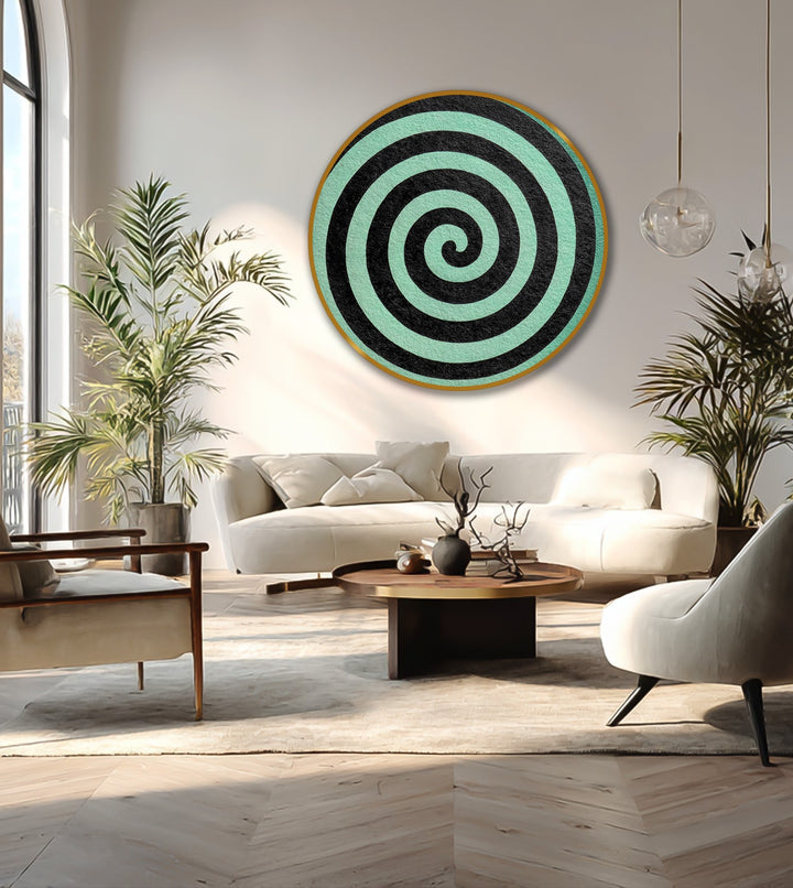 The central subject is the round minimalist abstract oil painting artwork featuring a bold black spiral against a soft mint background, radiating modern elegance.