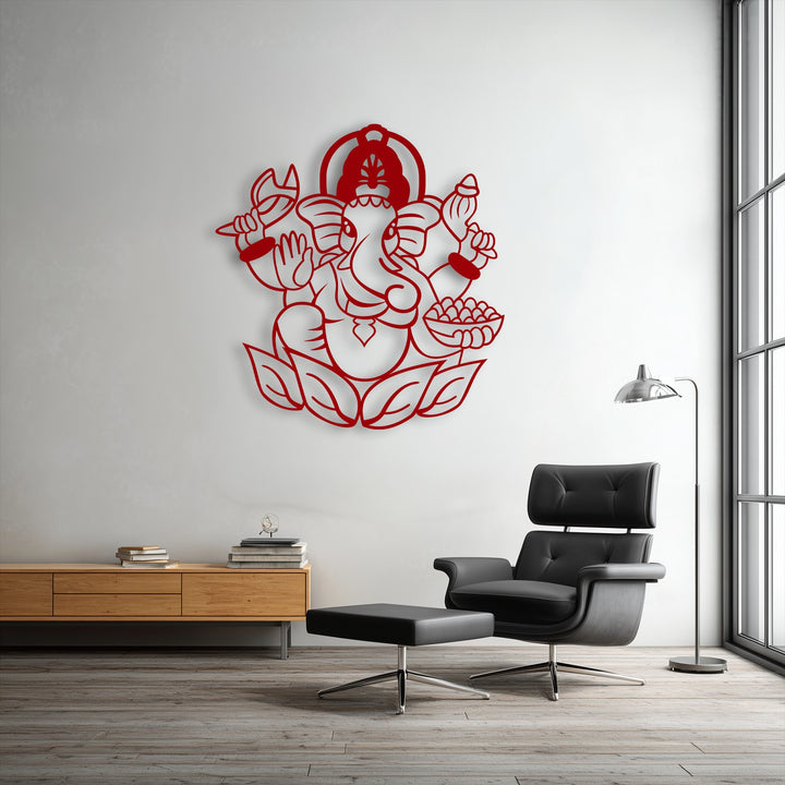 The foreground highlights a black armchair, ottoman, and floor lamp, complementing the spiritual Ganesha metal art for wall.