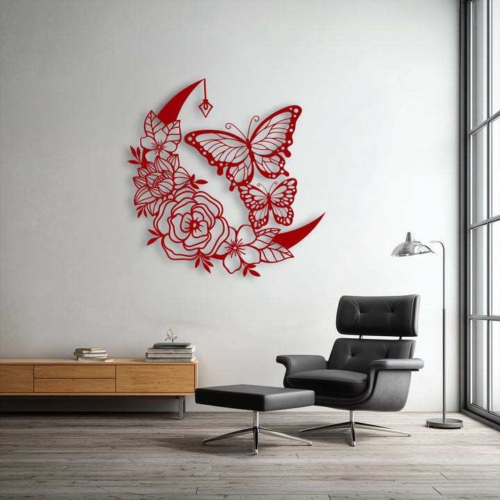 The geometric elements of this moonlit bloom butterflies unique metal wall art display intricate floral and crescent shapes.