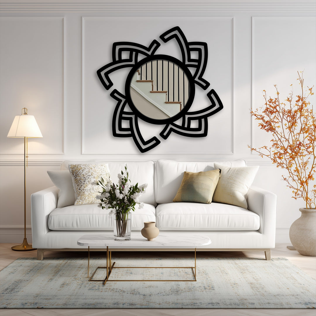 Low color saturation softens the look of this abstract rotating frame metal wall mirror, a unique metal wall art piece that adds dynamic design to the room.