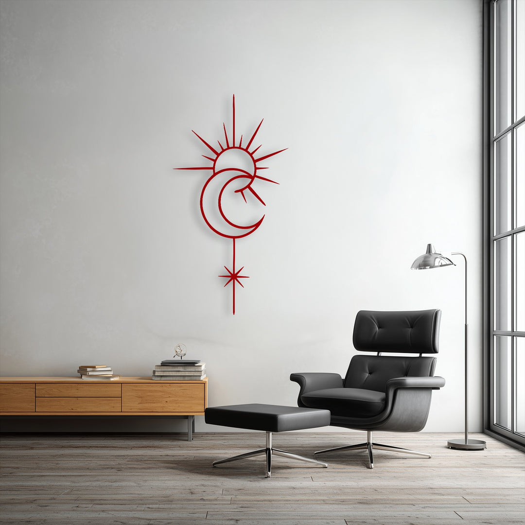The subtle, coarse texture of the white wall provides a striking contrast to the smooth, crimson Celestial Sun Moon metal art for wall.