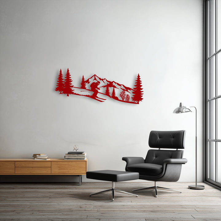 The soft, inviting texture of the black leather armchair complements the striking unique metal wall art depicting an alpine skier.