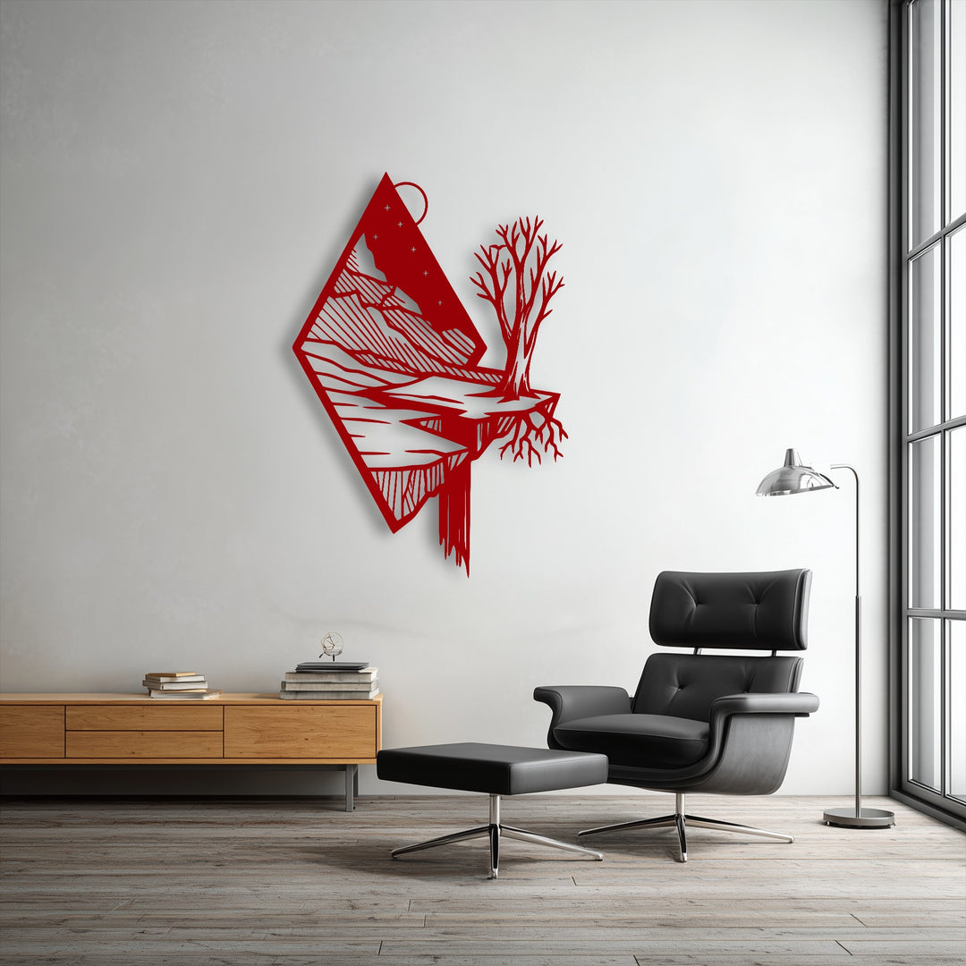 The bold red hues of this unique metal wall art dramatically transition from the pristine white wall, depicting a modern floating mountain landscape.
