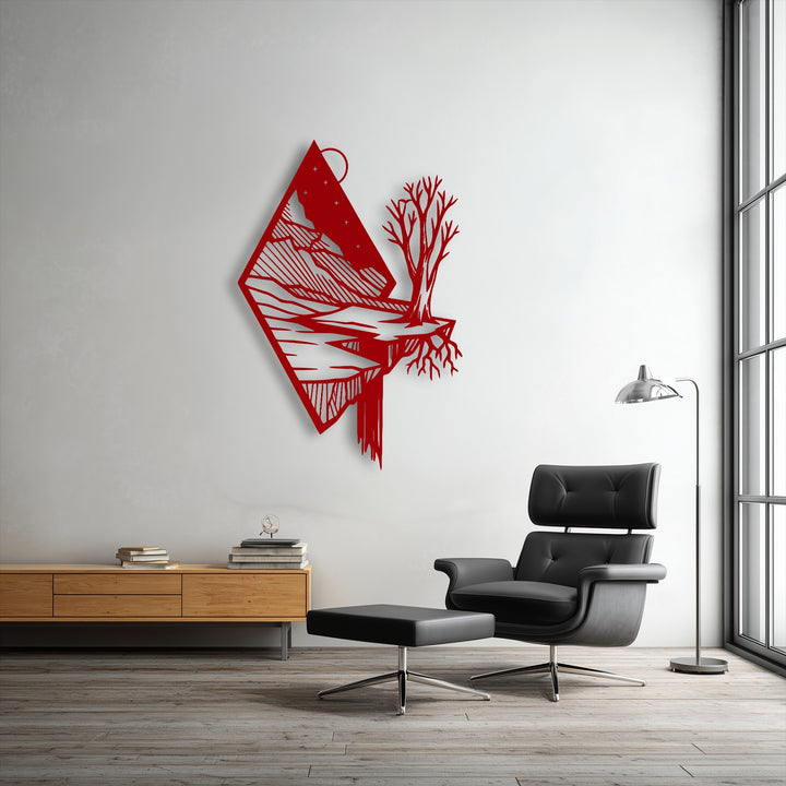 The bold red hues of this unique metal wall art dramatically transition from the pristine white wall, depicting a modern floating mountain landscape.