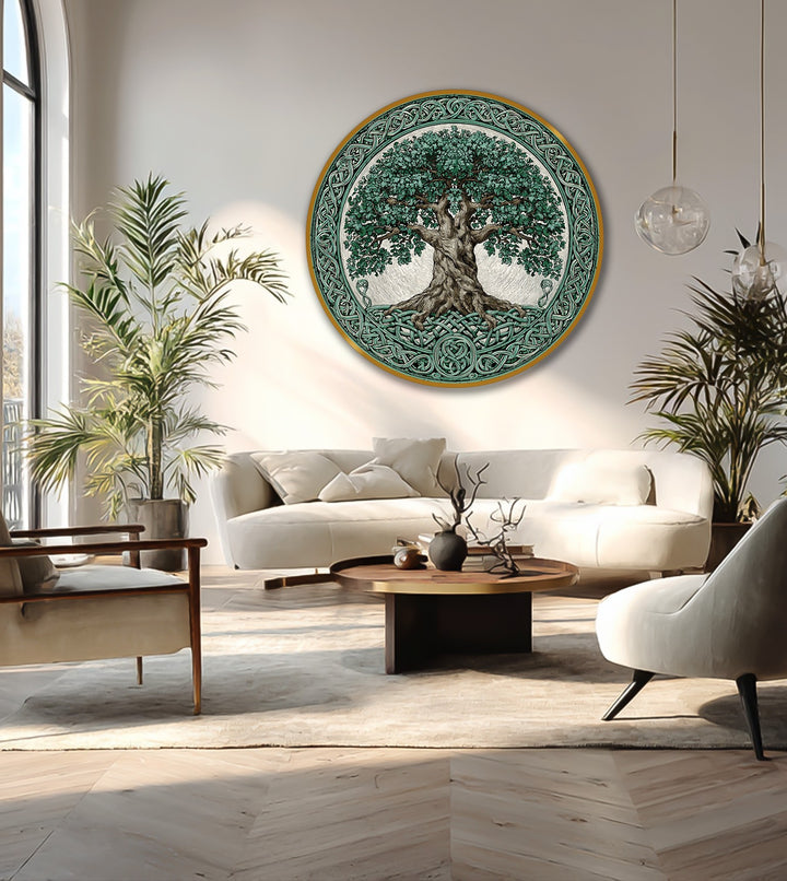 The finish of this Celtic tree of life oil painting reproduction print showcases the intricate knotwork details with a classical aesthetic.