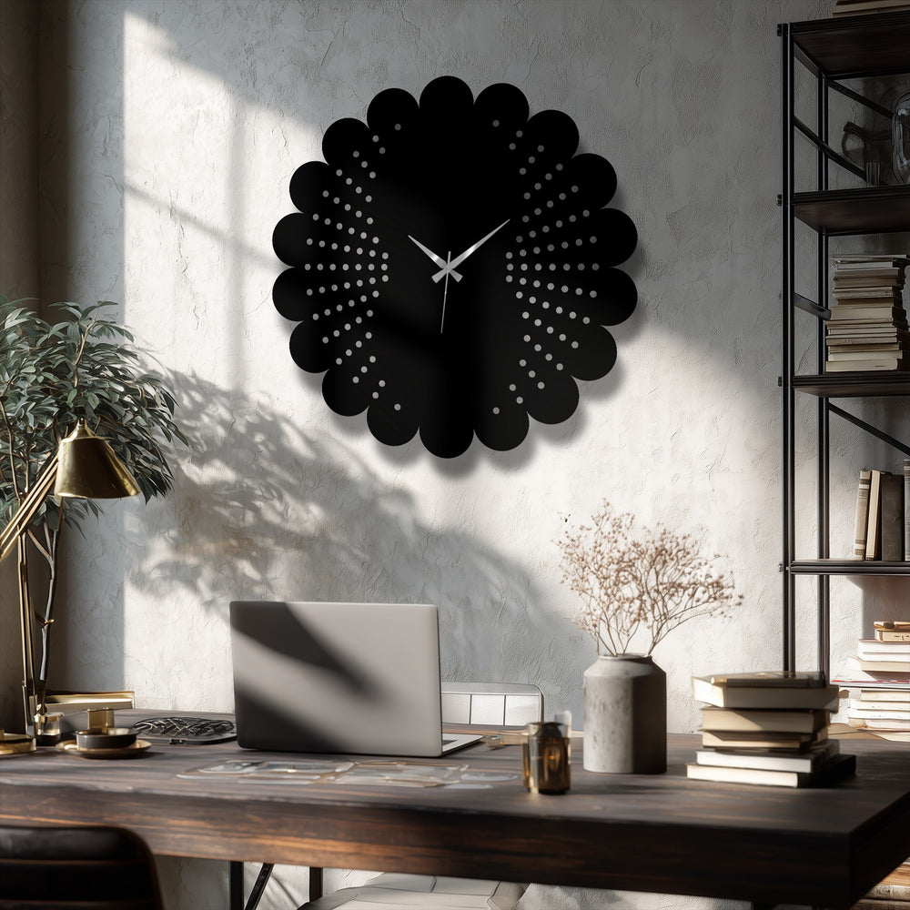 The stillness highlights this modern decorative metal art scalloped dot pattern wall clock, a quiet focal point amidst a sunlit workspace, its hands paused in time.