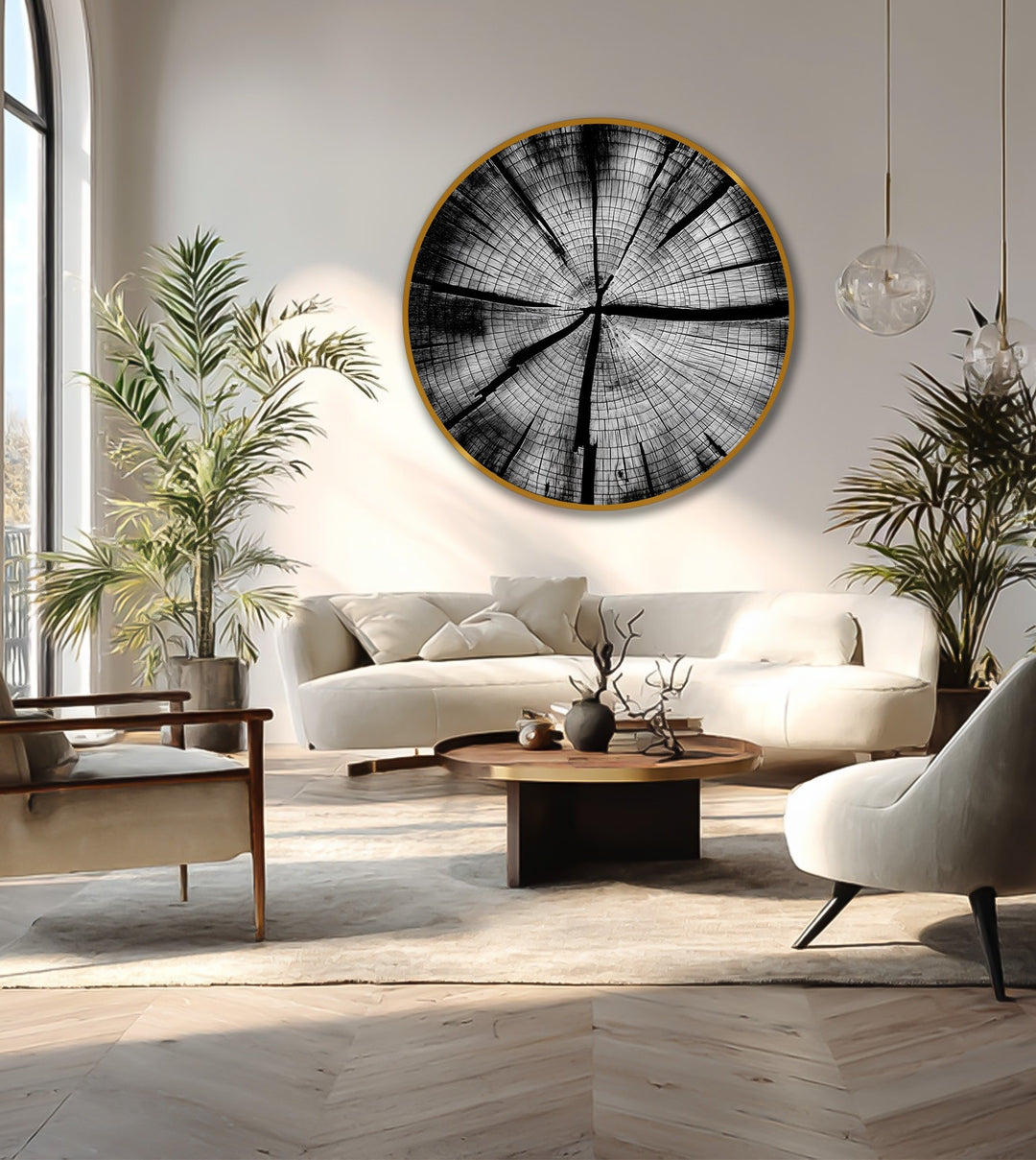 Horizontal, round modern oil painting art displays monochrome tree rings, a minimalist wood piece for a contemporary and natural look.