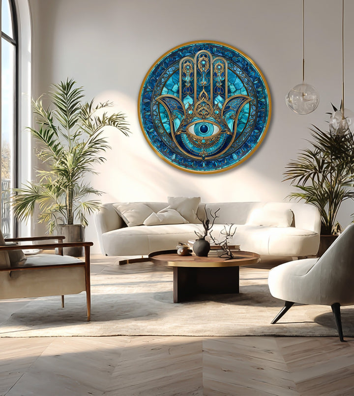 Evident depth and layers compose this oil painting art piece, showcasing the blue Nazar Hamsa and its protective eye in a mesmerizing round composition on wood.