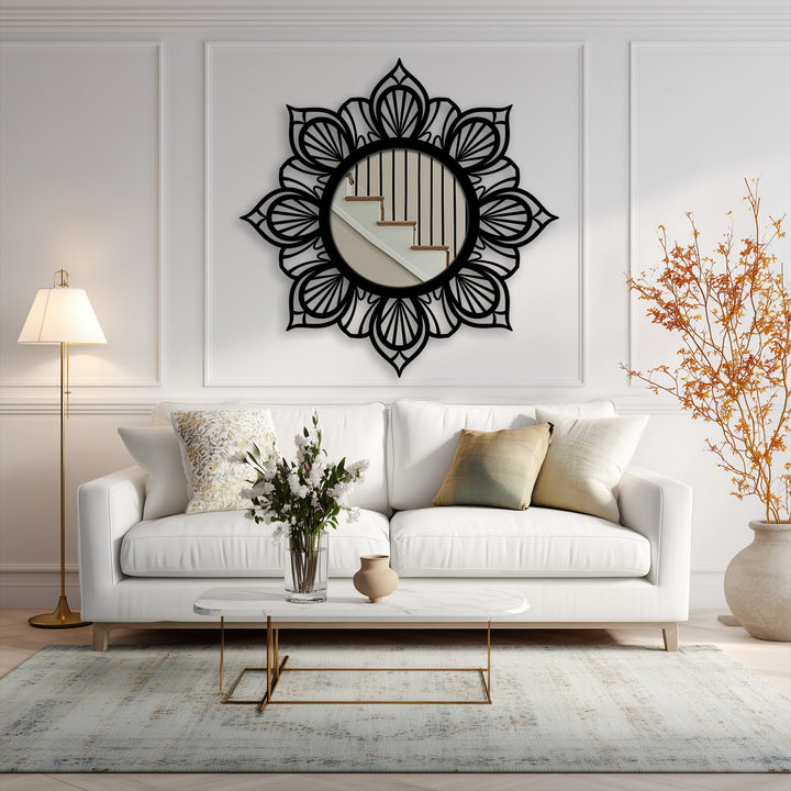 Highlighting the abstract quality, the mandala floral round metal wall mirror features intricate decorative metal art, creating a mesmerizing focal point with its symmetric design.