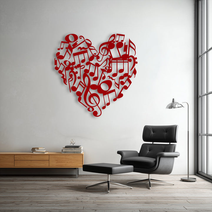 Striking color contrast is evident in the vibrant red heart-shaped music notes metal art for wall against the bright white wall.