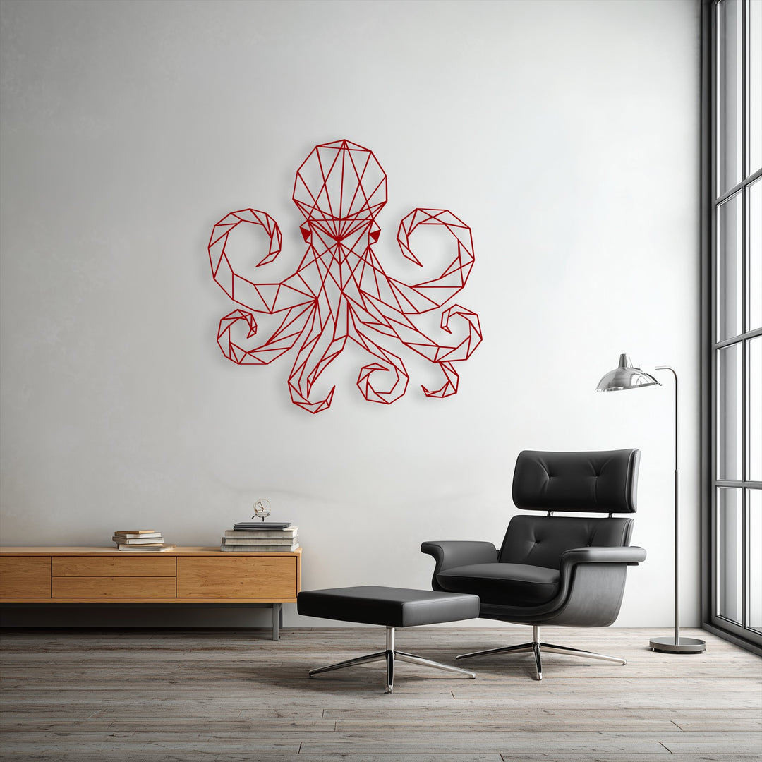 The red geometric octopus line art metal artwork features intricate polygonal shapes for a striking modern marine display.