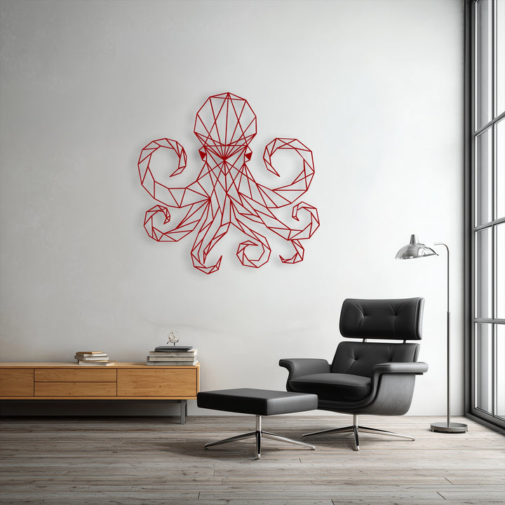 The red geometric octopus line art metal artwork features intricate polygonal shapes for a striking modern marine display.