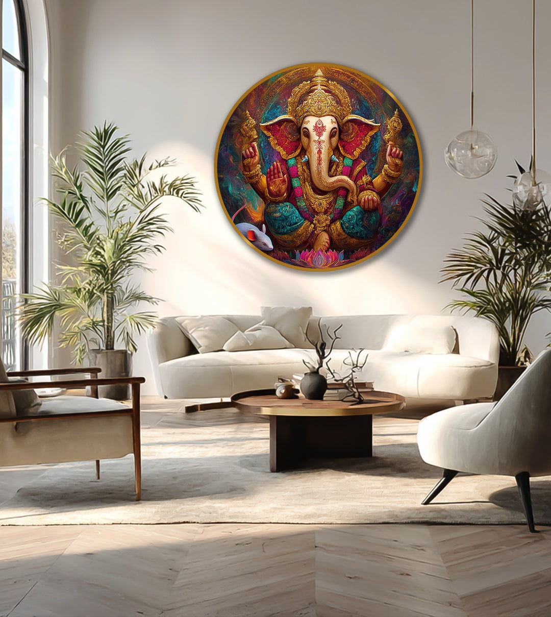Flowing forms and curves of the divine Ganesha enhance this radiant gold oil painting wall art, celebrating organic lines and spiritual elegance.