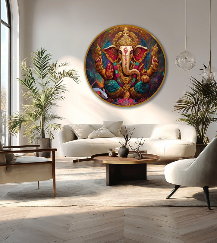 Flowing forms and curves of the divine Ganesha enhance this radiant gold oil painting wall art, celebrating organic lines and spiritual elegance.