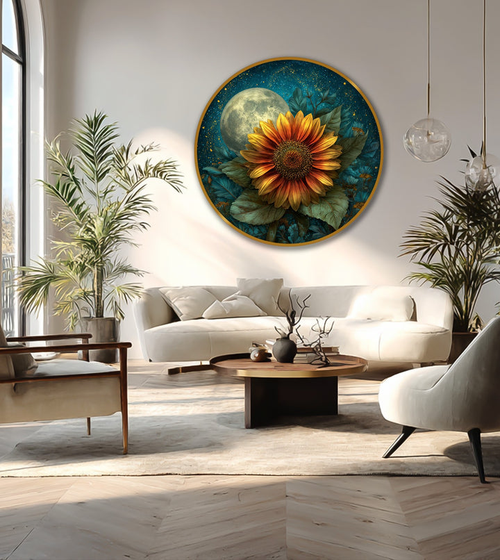 Swirling, dreamlike motion defines this round floral oil painting of a moonlit sunflower bloom, bringing vibrant depth to the oil painting home decor.