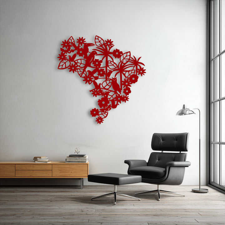 The tranquil and elegant mood of this minimalist room is beautifully accentuated by the intricate floral bird metal artwork.