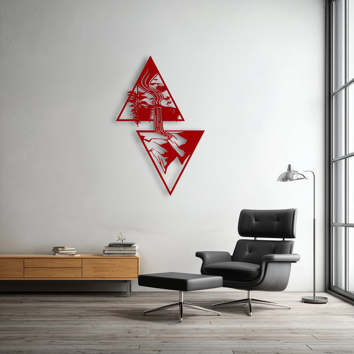 The bright, textured white wall provides a minimalist backdrop for the striking geometric waterfall escape nature landscape metal artwork.