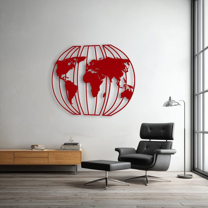 The intricate borders and curved edges of a striking red 3D world map define this piece of decorative metal art.
