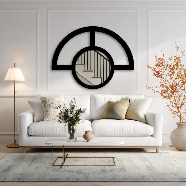 Negative space highlights the abstract design of this unique metal wall art mirror, a modern geometric piece featuring a half-circle and balanced shapes.