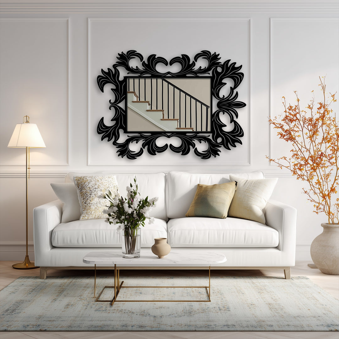 Depicting the darkest area, an ornate baroque frame emphasizes the visual depth of this elegant metal wall decor, creating a classic luxury statement with a modern wall mirrors design.