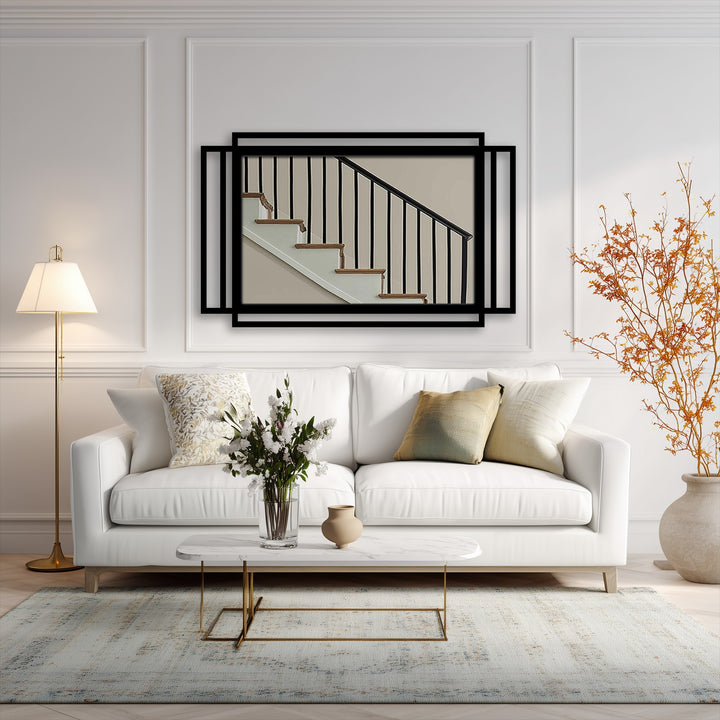 The layering effect creates a dimensional design with a geometric, minimal black metal art for wall in this rectangular floor mirror.
