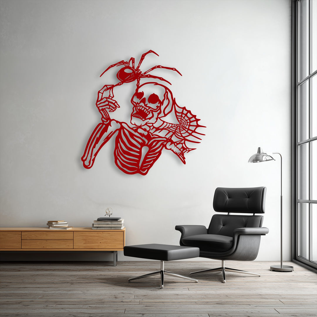 Highly saturated vibrant red Gothic skeleton and spider metal decoration wall art dramatically stands out against a neutral background.