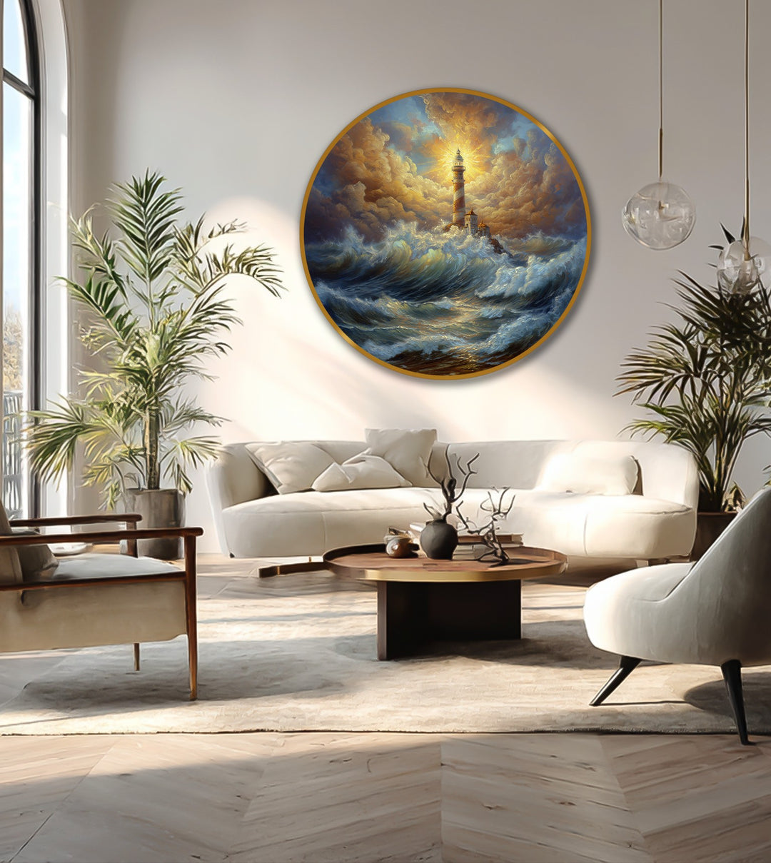 Horizontal round oil painting wall art features a dramatic lighthouse battling stormy seas.
