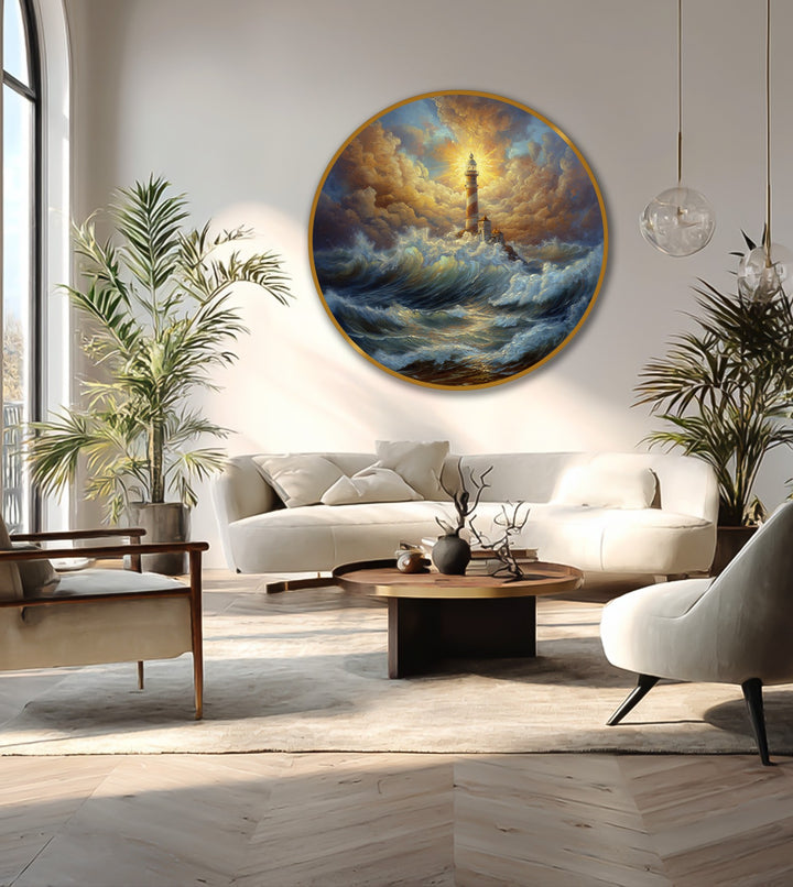 Horizontal round oil painting wall art features a dramatic lighthouse battling stormy seas.