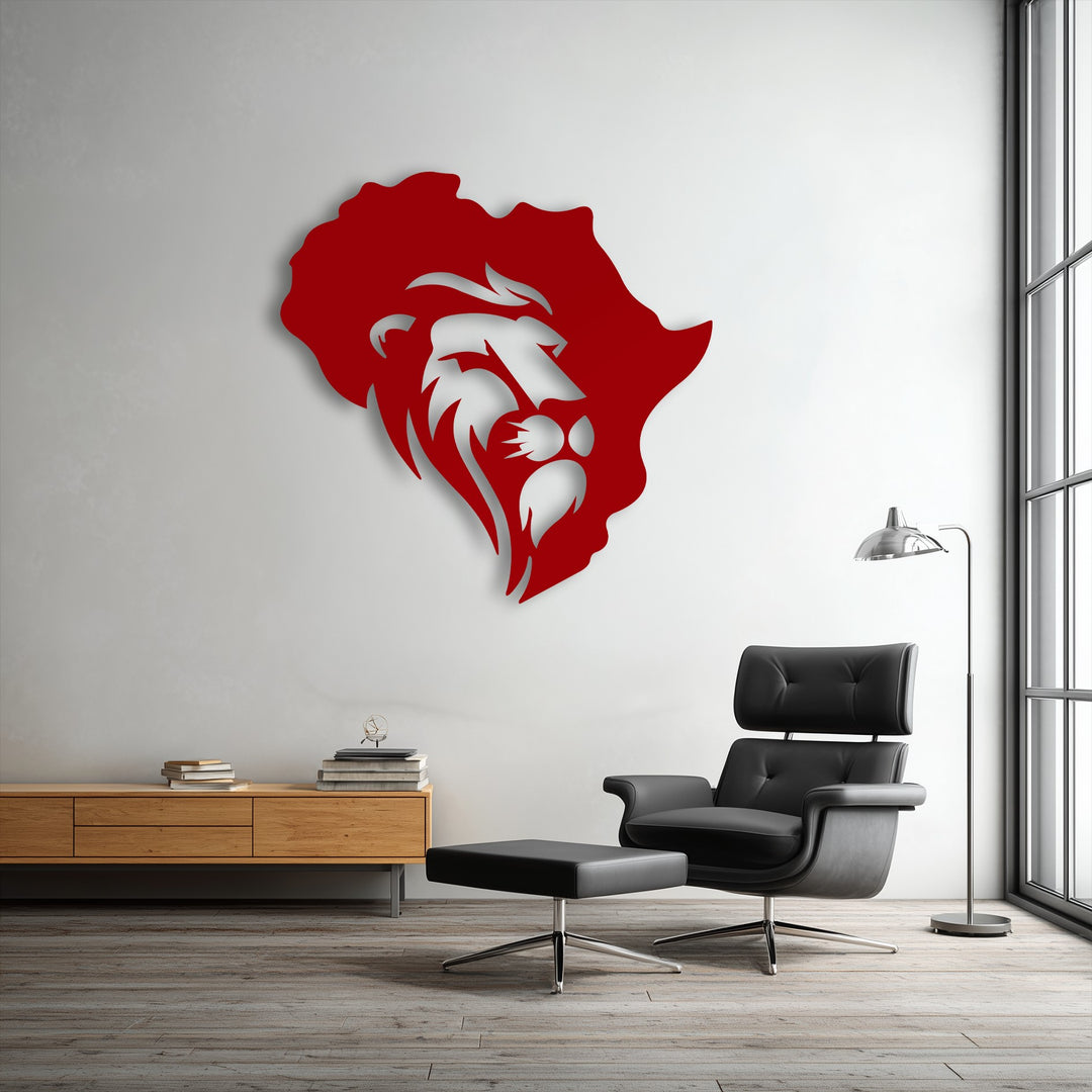 A room with a cool white color temperature is accented by a vibrant red Africa map lion metal artwork, creating a balanced visual.