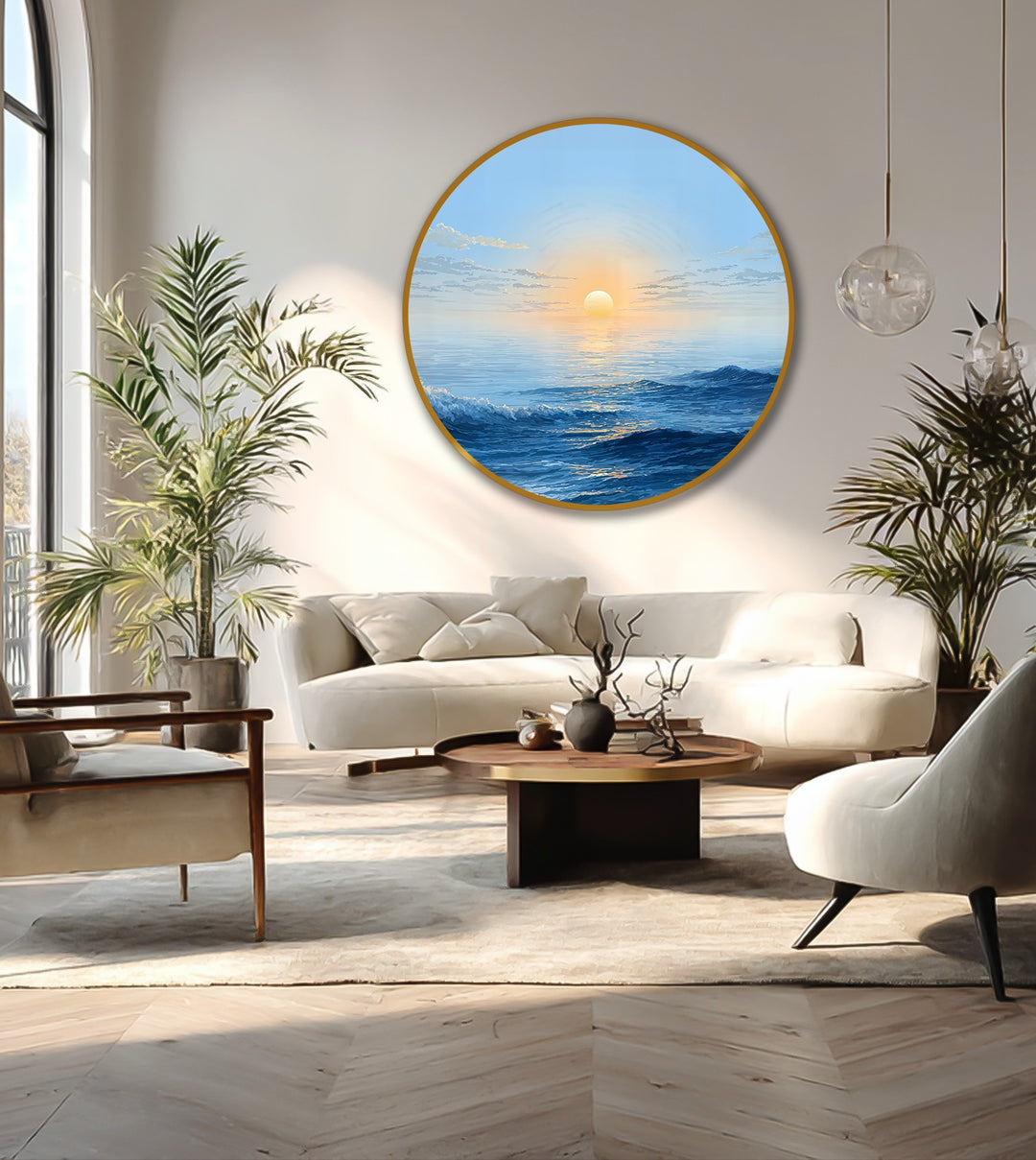 Organic brushstrokes define the round, golden horizon waves in this captivating oil painting artwork, mirroring the natural curves of the surrounding interior decor.