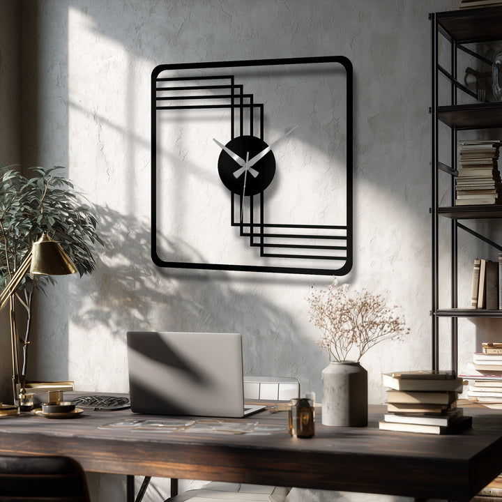 The textured wall with sunlight accentuates the modern square frame geometric clock, offering a subtle contrast to the metal wall decor.