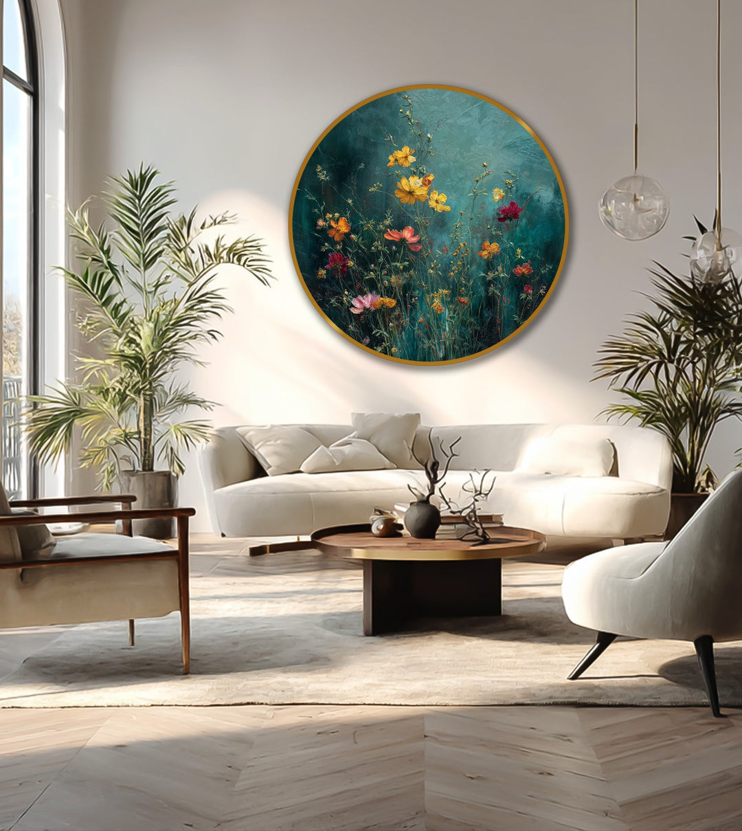 High color saturation enhances the vibrancy of the wildflower garden oil painting art prints, with blooms that pop against the teal background of this unique round piece.